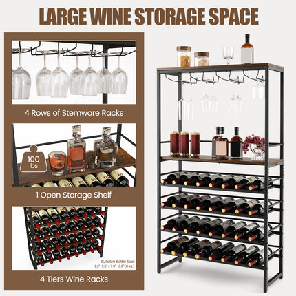 Freestanding Wine Bakers Rack with 4- Tier Wine Storage and 4 Rows of Stemware Racks, Costway, 8