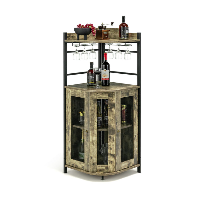 Industrial Corner Bar Cabinet with Glass Holder and Adjustable Shelf, Taupe, Costway, 4