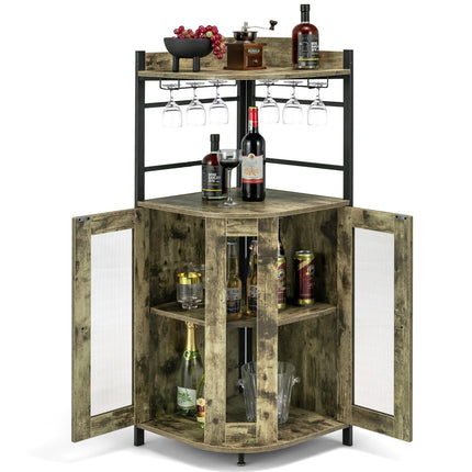 Industrial Corner Bar Cabinet with Glass Holder and Adjustable Shelf, Taupe, Costway, 5