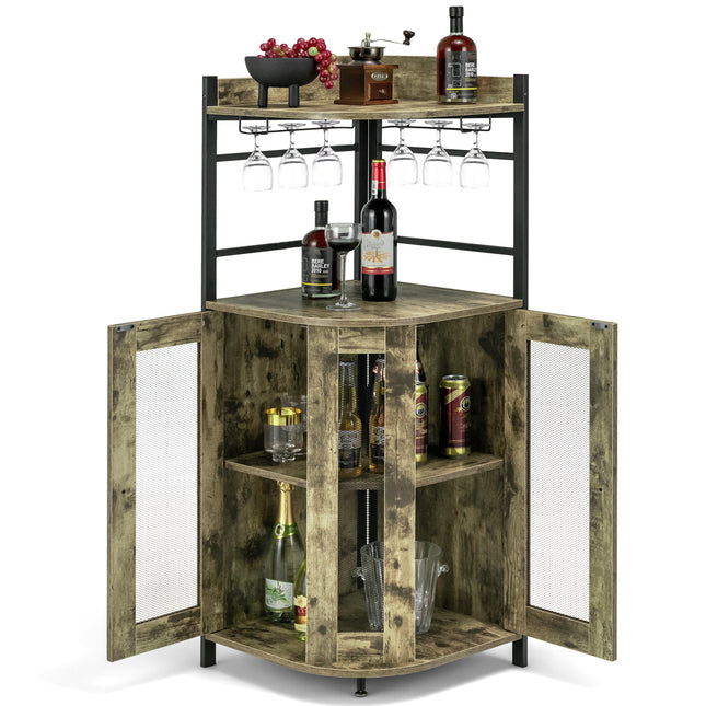 Industrial Corner Bar Cabinet with Glass Holder and Adjustable Shelf, Taupe, Costway, 5