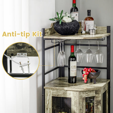 Industrial Corner Bar Cabinet with Glass Holder and Adjustable Shelf, Taupe, Costway, 8