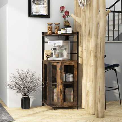 Industrial Corner Bar Cabinet with Glass Holder and Adjustable Shelf, Rustic Brown, Costway, 3