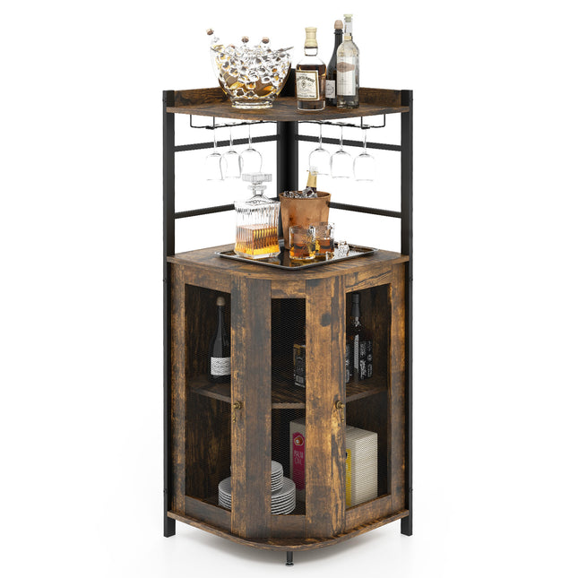 Industrial Corner Bar Cabinet with Glass Holder and Adjustable Shelf, Rustic Brown, Costway, 4