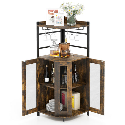 Industrial Corner Bar Cabinet with Glass Holder and Adjustable Shelf, Rustic Brown, Costway, 5