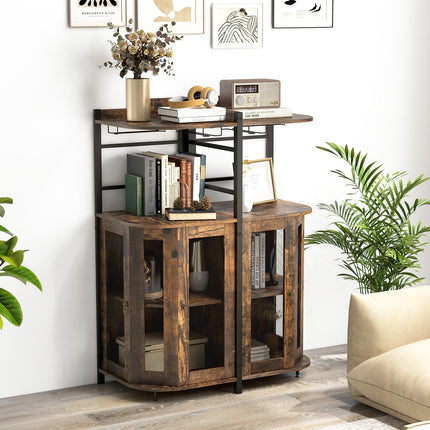 Industrial Corner Bar Cabinet with Glass Holder and Adjustable Shelf, Rustic Brown, Costway, 7