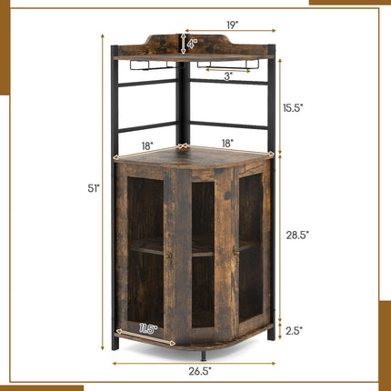 Industrial Corner Bar Cabinet with Glass Holder and Adjustable Shelf, Rustic Brown, Costway, 6