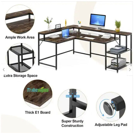 L Shaped Computer Desk,  L Shaped Desk, Corner Computer Desk, with Monitor Stand, with Storage Shelf, Tribesigns, 7