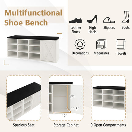 9-cube Shoe Bench with Adjustable Shelves and Removable Padded Cushion, White, Costway, 7