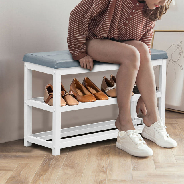 Shoe Rack, 2-Tier Wooden Shoe Rack Bench with Padded Seat, White, Costway, 2