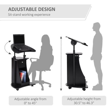 Sit-to-Stand Mobile Laptop Cart with Drawer Height Adjustable Black, HOMCOM, 3