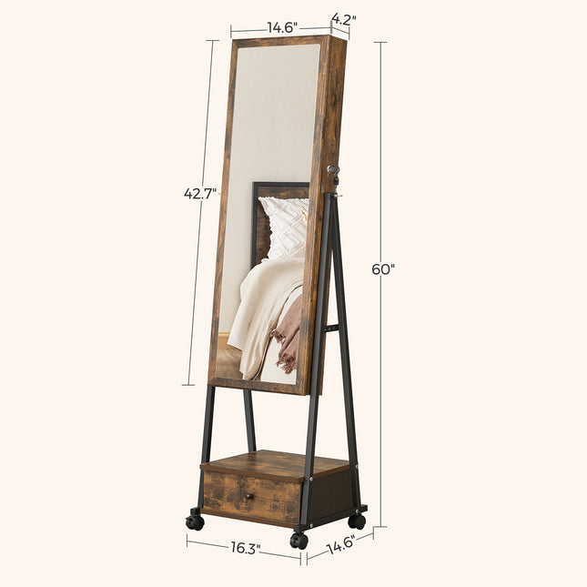 SONGMICS - Jewelry Cabinet Floor Standing, Lockable Jewelry Organizer with High Full-Length Mirror, Bottom Drawer, Shelf, Rustic Brown and Black