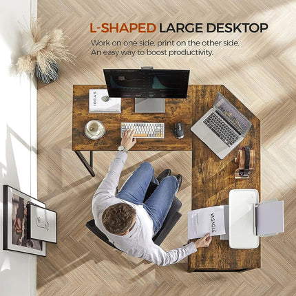 L Shaped Desk, Corner Computer  Desk, L-Shaped Computer Desk, 54,3-Inch, Gaming Desk with Shelf, Rustic Brown, VASAGLE, 3