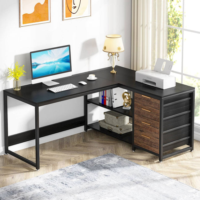 L Shaped Desk, 59-Inch, Reversible L Shaped Desk, L-Shaped Desk with Drawers, L-Shaped Desk with Shelves Black, Tribesigns, 1