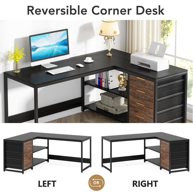 L Shaped Desk, 59", Reversible L Shaped Desk, L-Shaped Desk with Drawers, L-Shaped Desk with Shelves, Black, Tribesigns, 2