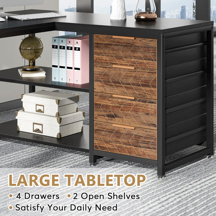 L Shaped Desk, 59-Inch, Reversible L Shaped Desk, L-Shaped Desk with Drawers, L-Shaped Desk with Shelves Black, Tribesigns, 4