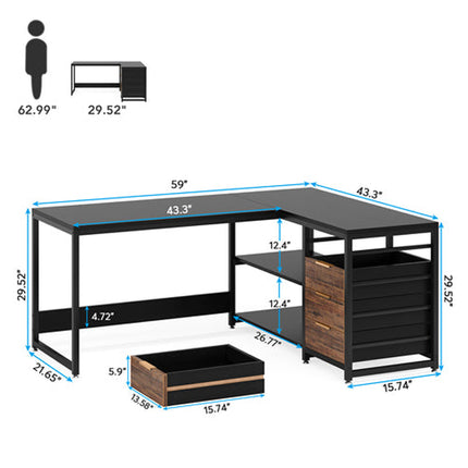 L Shaped Desk, 59-Inch, Reversible L Shaped Desk, L-Shaped Desk with Drawers, L-Shaped Desk with Shelves Black, Tribesigns, 6