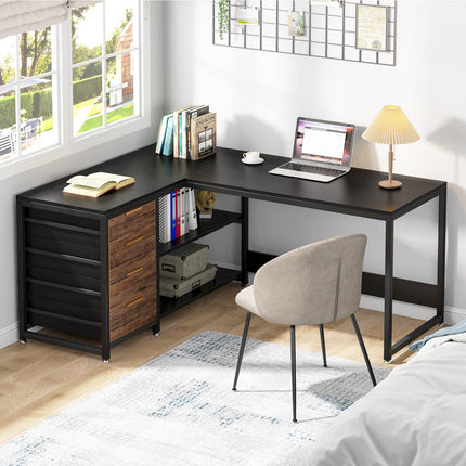 L Shaped Desk, 59-Inch, Reversible L Shaped Desk, L-Shaped Desk with Drawers, L-Shaped Desk with Shelves Black, Tribesigns, 3