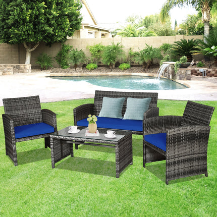 Patio Rattan Furniture Set with Glass Table and Loveseat, Navy, 4 Pieces , Costway, 2