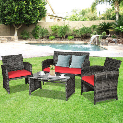 Patio Rattan Furniture Set with Cushions, Red, 4 Pieces , Costway, 2