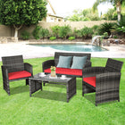 Patio Rattan Conversation Glass Table Top Cushioned Sofa Red, 4PCS , Costway, 1