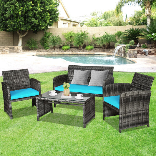 Patio Rattan Furniture Set with Cushions, Turquoise, 4 Pieces , Costway, 1
