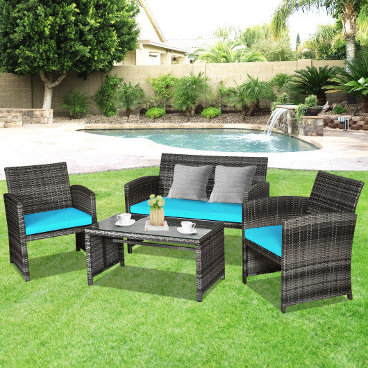 Patio Rattan Furniture Set Conversation Glass Table Top Cushioned Sofa Outdoor Turquoise, 4PCS , Costway, 1