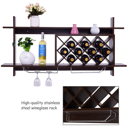 Wall Mount Wine Rack with Glass Holder & Storage Shelf, Walnut, Costway, 9