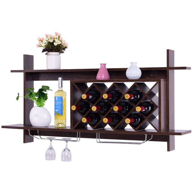 Wall Mount Wine Rack with Glass Holder & Storage Shelf, Walnut, Costway, 7