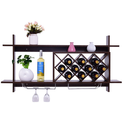 Wall Mount Wine Rack with Glass Holder & Storage Shelf, Walnut, Costway, 5