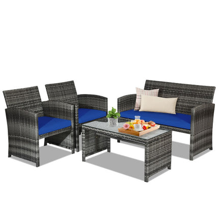 Patio Rattan Furniture Set Conversation Glass Table Top Sofa Cushioned Navy, 4PCS , Costway, 3