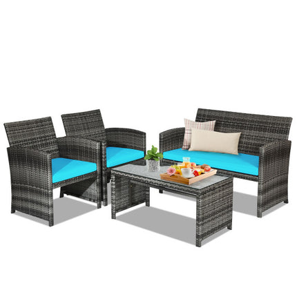 Patio Rattan Furniture Set with Cushions, Turquoise, 4 Pieces , Costway, 3