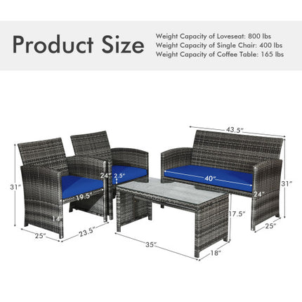 Patio Rattan Furniture Set Conversation Glass Table Top Sofa Cushioned Navy, 4PCS , Costway, 5