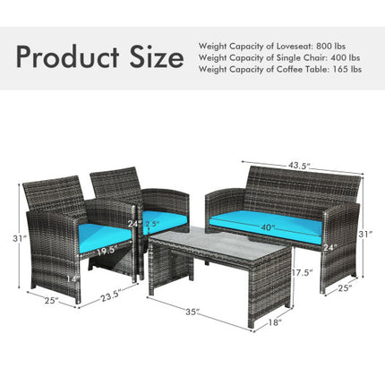 Patio Rattan Furniture Set with Cushions, Turquoise, 4 Pieces , Costway, 5