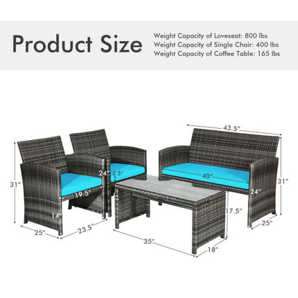 Patio Rattan Furniture Set Conversation Glass Table Top Cushioned Sofa Outdoor Turquoise, 4PCS , Costway, 5