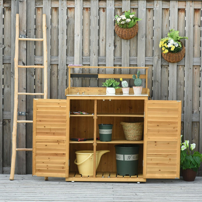 Wooden Potting Bench 3-Tier Storage Cabinet Work Station Table Lockable Organizer with Magnetic Latch Hooks Foot Pads, Yellow, Outsunny, 1