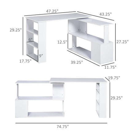 360° Rotating Home Office Desk L Shaped Corner Computer Desk with Storage Shelves, Writing Table Workstation, White, HOMCOM, 2