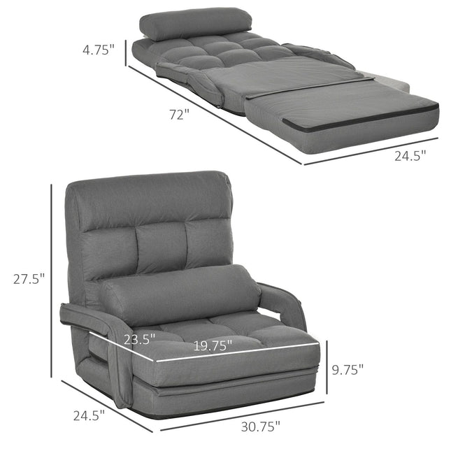 Convertible Floor Sofa Bed, Recliner Armchair Upholstered Sleeper Chair with Pillow, Grey, HOMCOM, 2