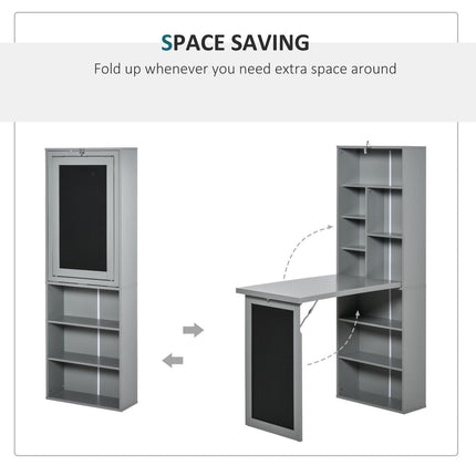 Wall Mounted Table Foldable Desk With Blackboard And Side Shelf, Multi-Function Computer Office Workstation, Gray, HOMCOM, 3