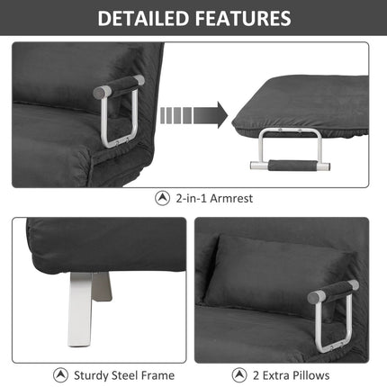 Convertible Chair Bed 5 Position Adjustable Sleeper Armchair with Pillows Dark Grey, HOMCOM, 4