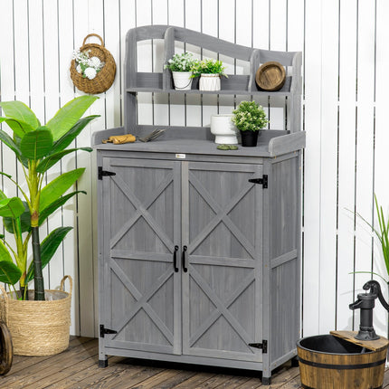 Wooden Outdoor Storage Cabinet with Potting Bench Grey Gardening Table with Patio Storage and Magnetic Doors, Outsunny, 1