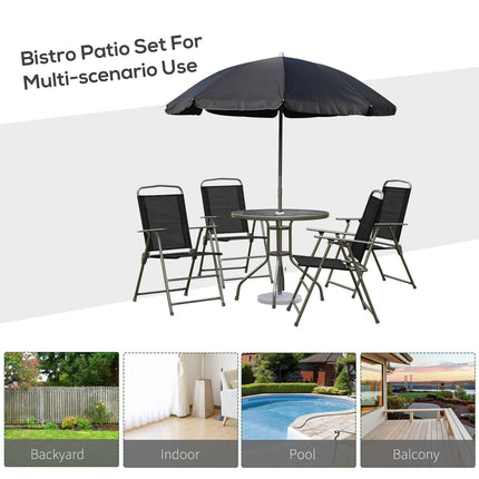 Patio Dining Set, 6 Piece, Outdoor with Umbrella, Folding Chairs & Round Table - Black, Garden & Poolside, Outsunny