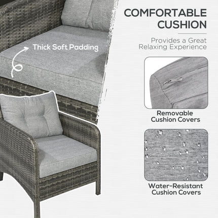 5-Piece Gray Rattan Wicker Lounge Chair Set Outdoor Patio Conversation with Cushions Chairs Ottomans & Glass Table, Outsunny