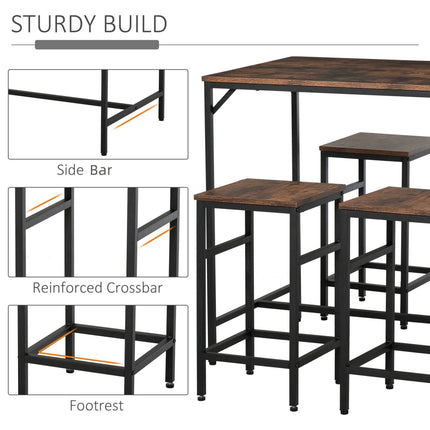 Industrial Dining Set Rustic Brown Black Bar Table 4 Stools Space Saving Pub Kitchen, HOMCOM, 4