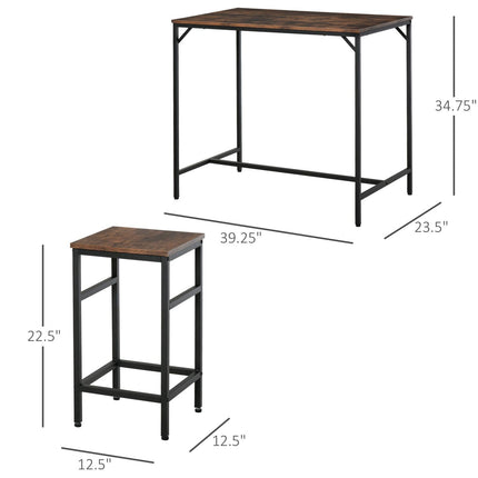 Industrial Dining Set Rustic Brown Black Bar Table 4 Stools Space Saving Pub Kitchen, HOMCOM, 2