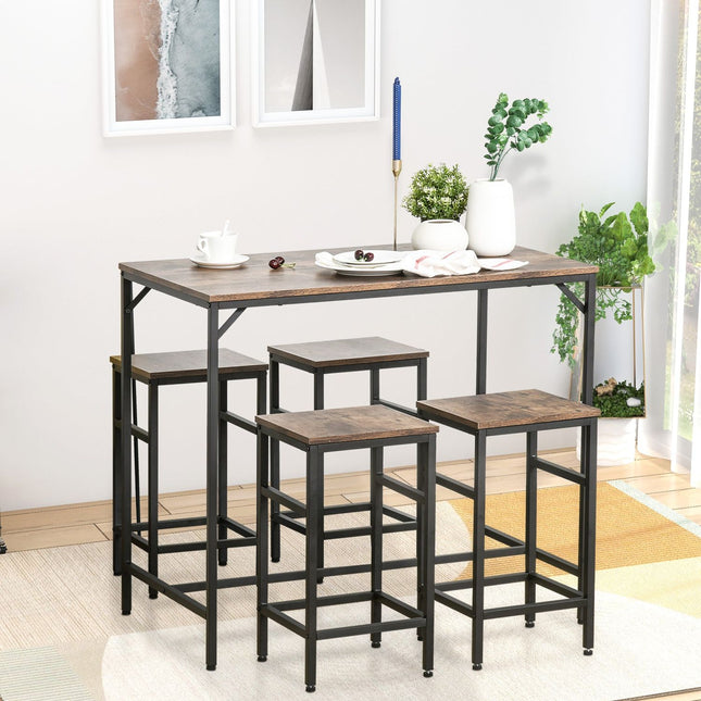 Industrial Dining Set Rustic Brown Black Bar Table 4 Stools Space Saving Pub Kitchen, HOMCOM, 1