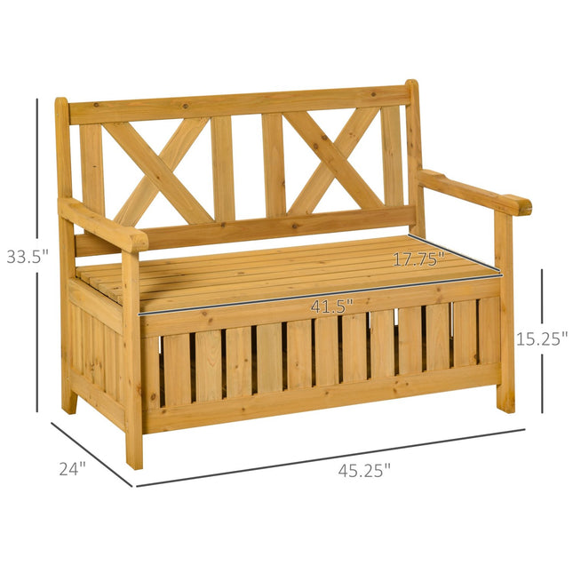 Wooden Outdoor Storage Bench 2-Person Backyard Patio Bench with Louvered Side Panels & Wood Build, Yellow, Outsunny, 2