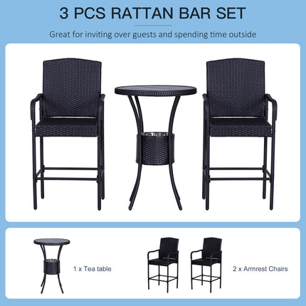 3PC Rattan Wicker Bar Set Ice Buckets 1 Bar Table 2 Bar Stools Outdoor, Outsunny, 3