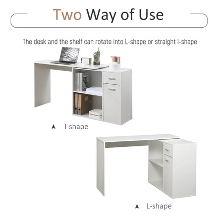 L-Shaped White Computer Desk with Rotating Shelves and Drawer Home Office Workstation, HOMCOM, 4