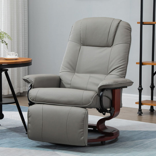 Adjustable Swivel Recliner Armchair, Faux Leather Manual Recliner with Footrest, Armrest and Wood Base, Gray, HOMCOM, 1