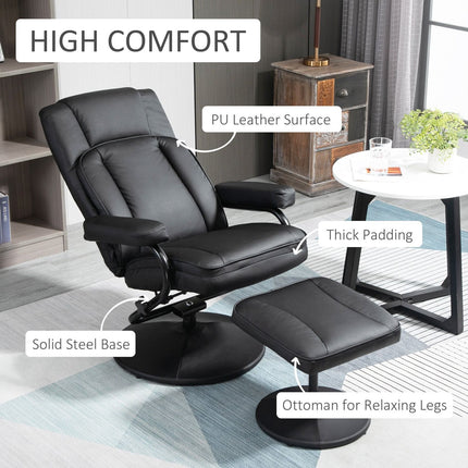 Swivel Recliner Black Manual PU Leather Armchair with Ottoman for Living Room Office Bedroom, HOMCOM